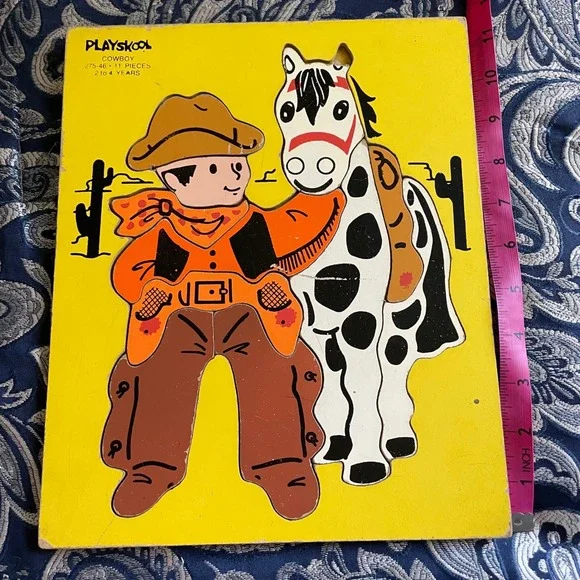 Vintage 60s  Cowboy Wood Puzzle 275-46 11 Pieces Western Horse Retro Toy