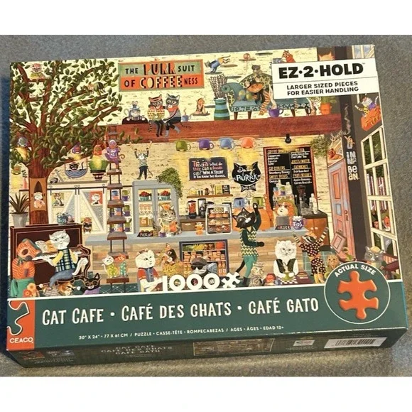 Ceaco Puzzle 1000 Piece EZ-2-Hold CAT CAFE Cindy Jackson Larger Size Pieces