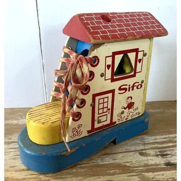 Vintage Sifo child's preschool wood lacing toy puzzle Old Woman in Shoe 1960's
