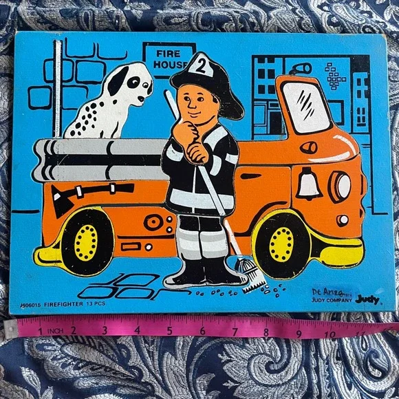 Vintage 1974 Judy Company Firefighter Wooden Inlay Puzzle 13 Pcs J506015 11.5x9