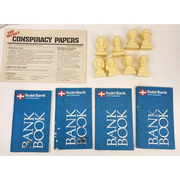 Lot of 13 Vintage Conspiracy Spy Board Game Replacement Spy Figures Bank Books