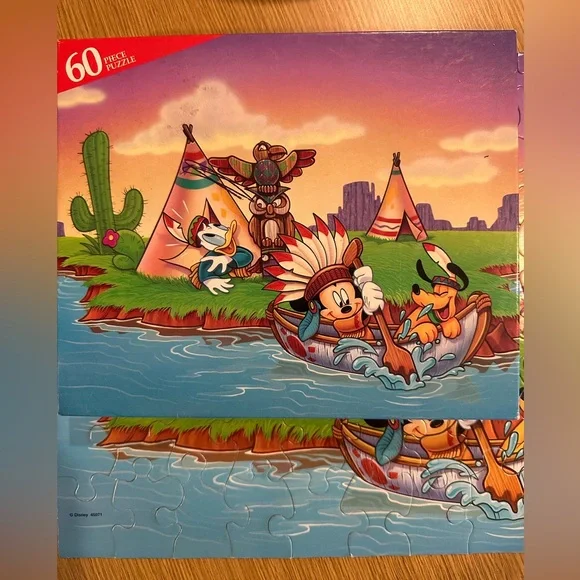 Vintage Disney Mickey Mouse & Pluto 60 Piece Puzzle. Canoe River Tepee.