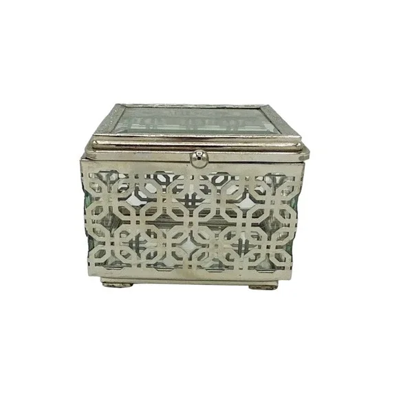 Cynthia Rowley Jewelry Box Silver Tone Filigree Pattern Beveled Glass New York