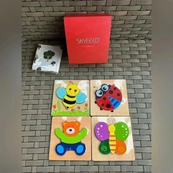Skyfield NIB Wooden Animal Puzzles Educational Toys Gift With 4 Animal‎ Patterns