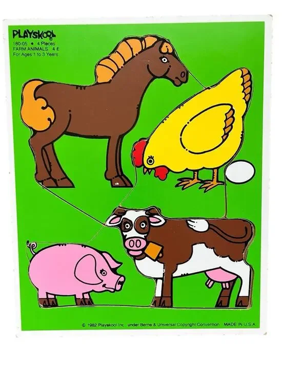 Vintage Playskool Farm Animals Wood Puzzle Bright Green, Yellow, Brown, Pink