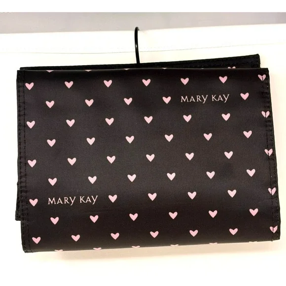 Mary Kay Hanging Travel Cosmetic Organizer Makeup Bag Black Pink Hearts Roll Up