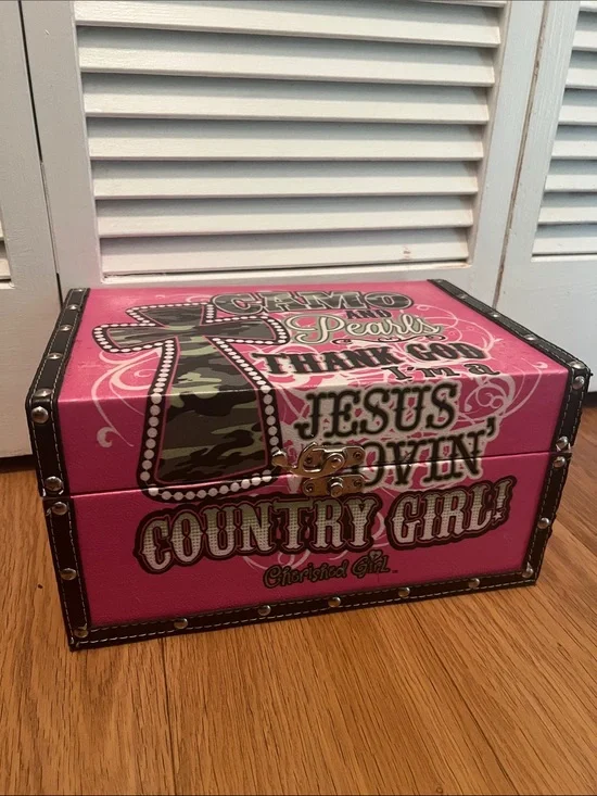 #2600* “6x12”Pink 'Country Girl' Jewelry Box - Camo & Pearls Design