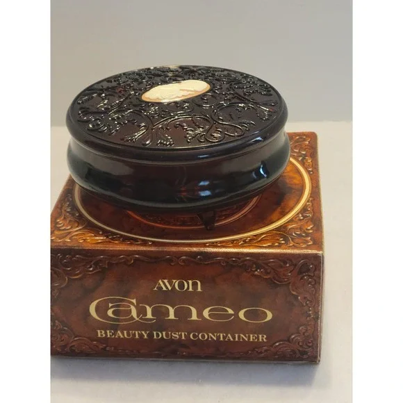 VTG Avon Cameo Beauty Empty Powder/Dust 1970s Tortoise Shell Plastic Dish w/ Box