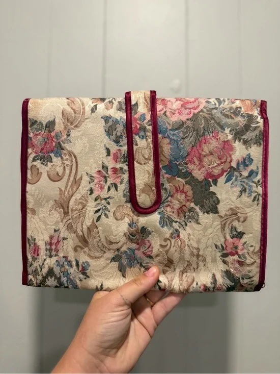 Floral Makeup Organizer Pouch with Burgundy Trim