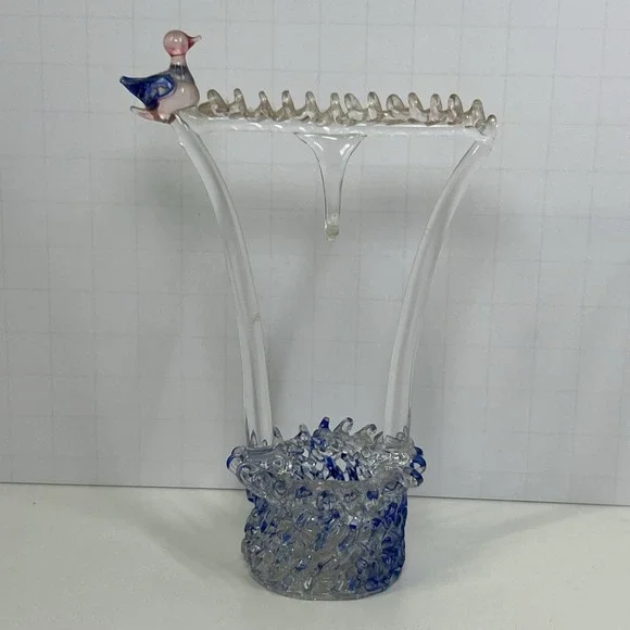 Vintage Acrylic Bird Sculpture Clear Blue Pink Perch 5.5