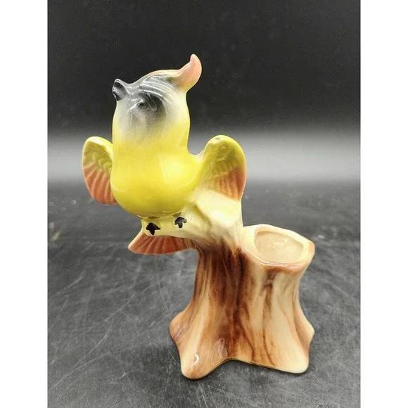 Vintage Bird Porcelain Vase Parakeet Parrot Yellow Planter Cockatoo Tree Stump