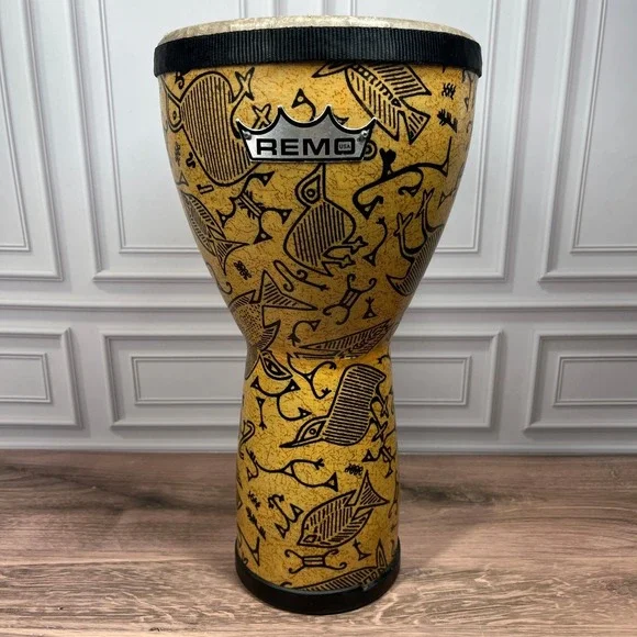 Remo Djembe Hand Drum Yellow Black Petroglyph Fish Bird Print 14