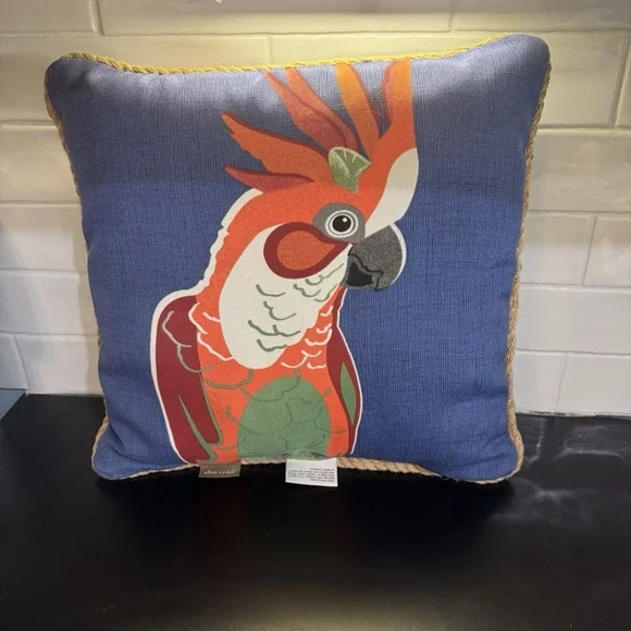 Parrot Outdoor Pillow by Allen & Roth 16x16 Blue with Rope‎ Trim Tropical Bird