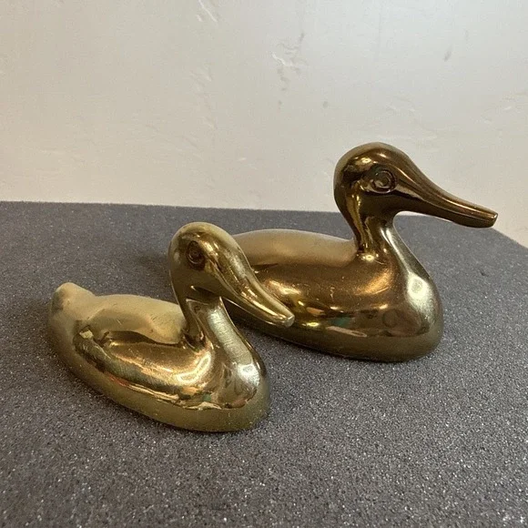 Vintage Brass Duck Swan Figurines Set Mid Century Modern Gold Bird Statue Decor