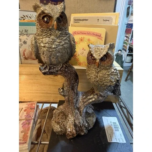 VTG Glitter Resin Owl Figures Perched on Branch