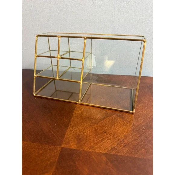 Vintage Gold Glass Makeup Organizer Vanity Storage Caddy Tiered 6Compartment