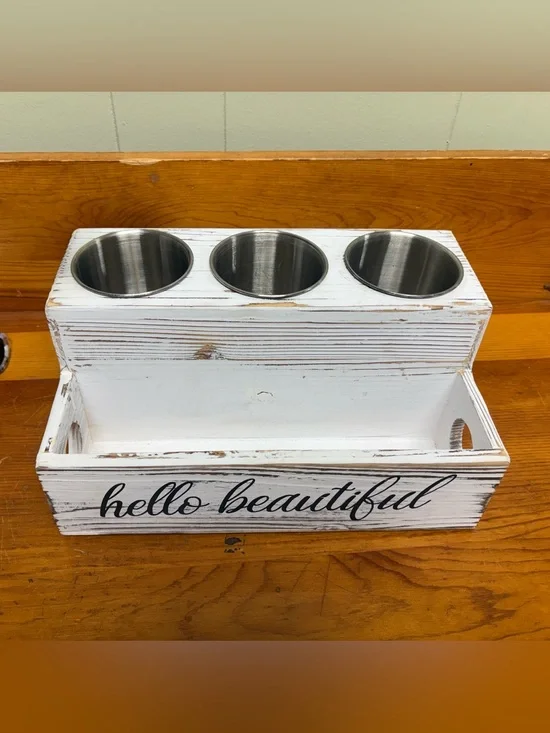 Hello Beautiful White Rustic Wood Organizer with 3 Stainless Cups