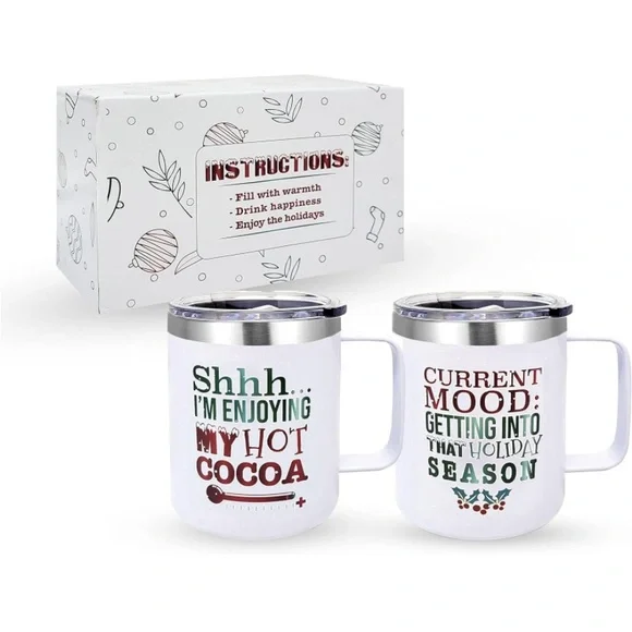 Set of white Christmas insulated mugs with lid set new