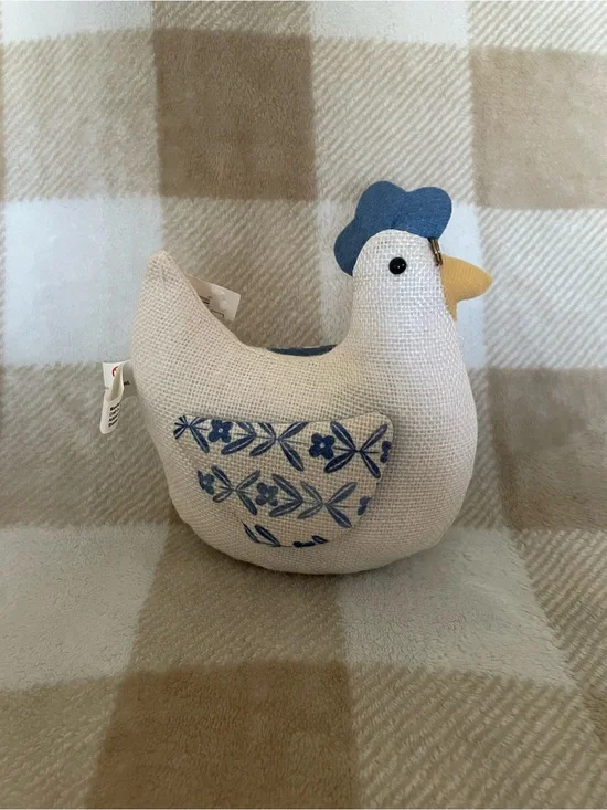 Blue & Cream Decorative Fabric Hen with glasses - Home Decor Accent