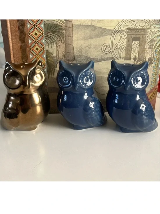 Set of Target 3 owl salt pepper shakers 2- blue and 1- metallic bronze gold EUC
