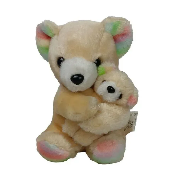 Mama Bear Hugging Baby Bear Plush Tan Pastel Rainbow Soft Stuffed Teddy Toy