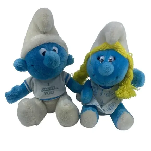 Vintage Smurf & Smurfette Bean Bag Plush Lot Wallace Berrie Peyo 1979 & 1981