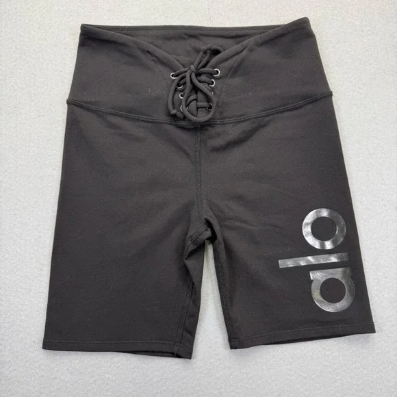 Alo Yoga Womens Black Lace Up High Waist Biker Shorts Size S Logo‎ Athletic