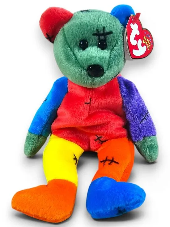 Ty Beanie Babies Frankenteddy Halloween Bear Plush Orange Blue Feet w/ Tags 2002