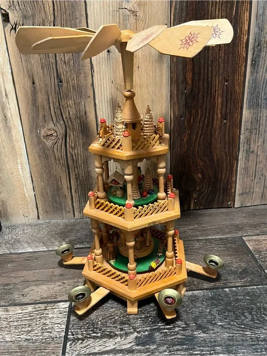 Wooden Christmas Pyramid Carousel - Natural Wood Finish