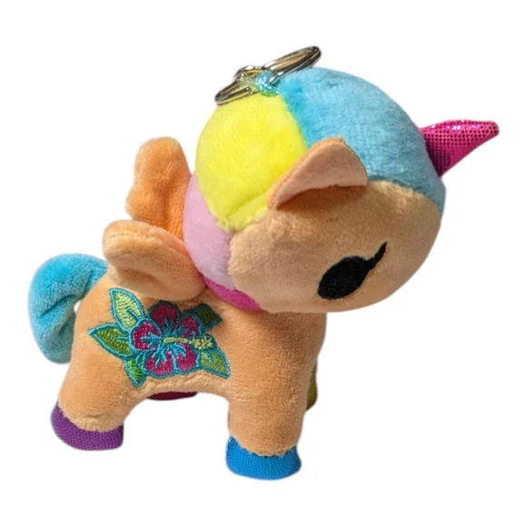 Tokidoki Kaili Unicorno Plush Keychain Tan Body Colorful Mane Flower Embroidery