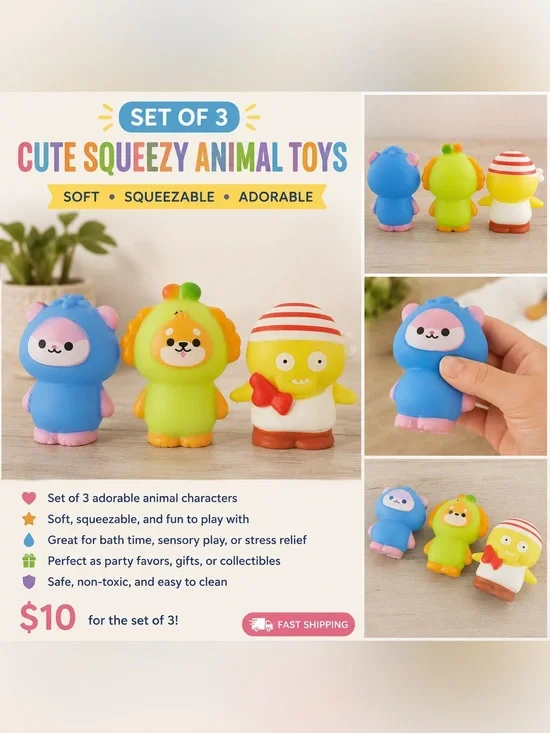 🧸 Set of 3 Cute Squishy Animal Toys – Slow Rise Sensory Fidget Toys