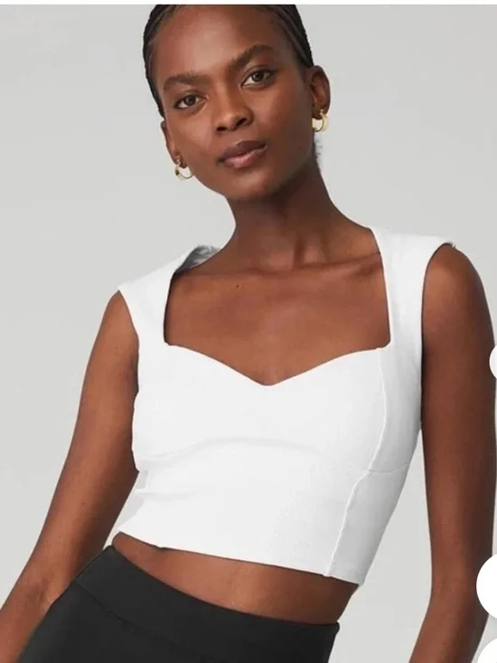 ALO Yoga White Crop Top with Structured Sweetheart Neckline