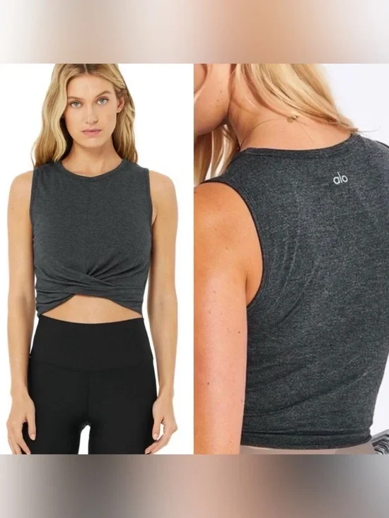 alo yoga gray twist crop tank top