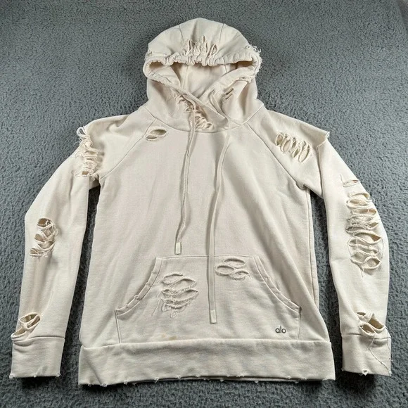 ALO Hoodie Distressed Shredded Beige Womens XS Sweatshirt Ripped‎ Style Flaw