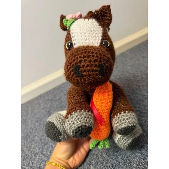Handmade Crochet Horse Plushie Brown Amigurumi Stuffed Animal with Carrot Flower