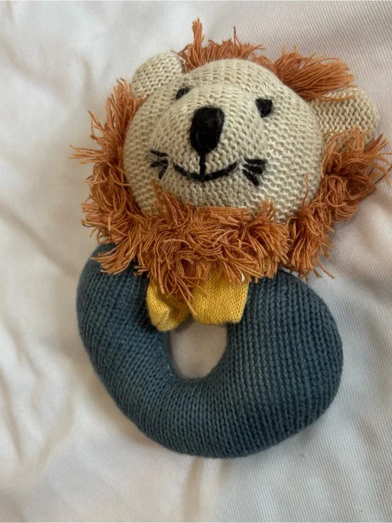 Elegant baby Soft Knit Lion Rattle Toy in Cream, Orange and Blue