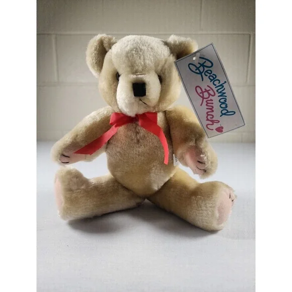 Beachwood Bunch‎ Plush Teddy Bear Unisex Tan Jointed Vintage Red Ribbon Stuffed