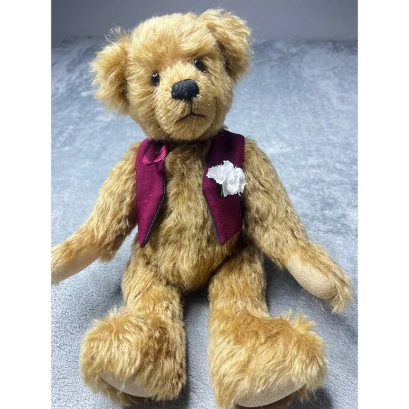 Vintage Jointed Mohair Teddy Bear Gold Brown with Burgundy Vest and Flower‎ 11in