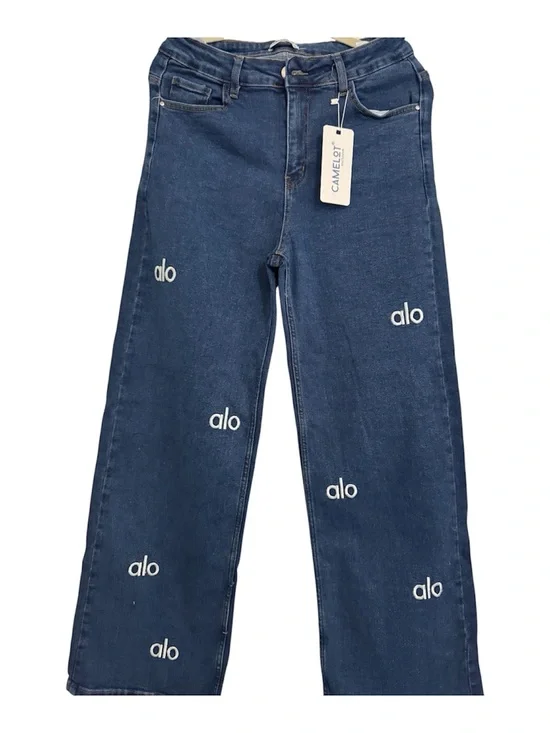 ALO Yoga Dark Blue Wide-Leg Logo Jeans