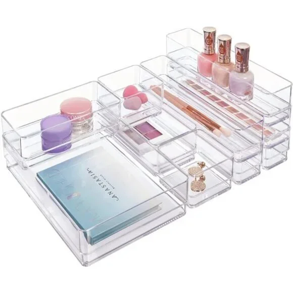 10-Piece Stackable Clear Drawer Organizer Set | Multi-size Trays