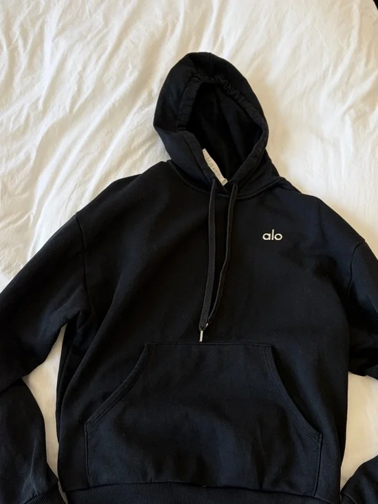 ALO Yoga Black Pullover Hoodie with White Logo
