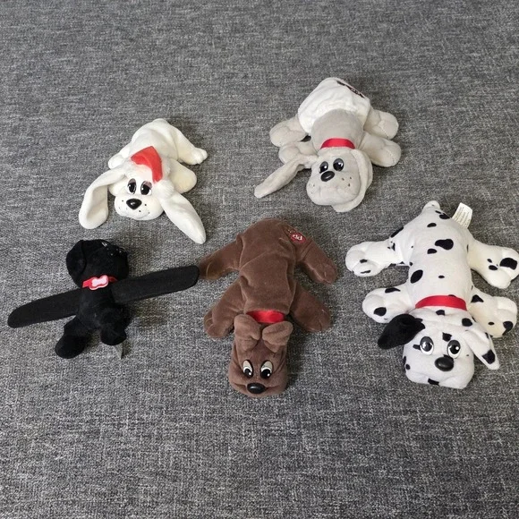Pound Puppies Bundle 4 Plush Stuffed Animals 1 Snap Bracelet Black Brown Spotted