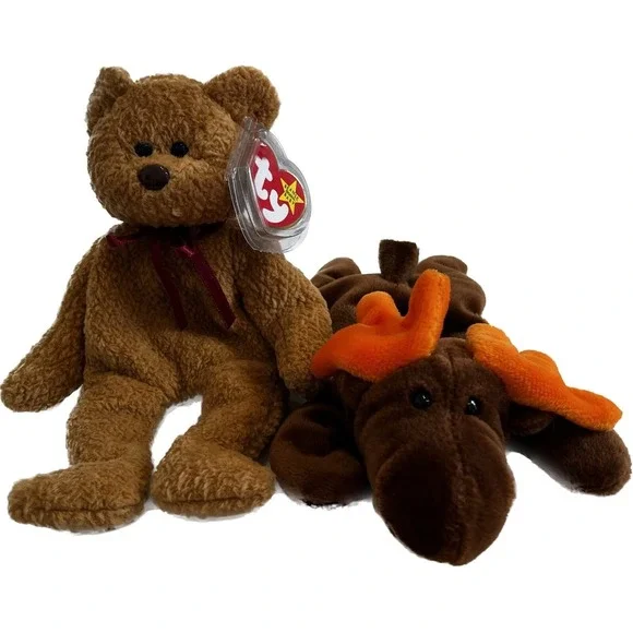 Lot 2 Vntg TY Beanie Babies Curly The Bear 1996 Chocolate Moose 1993 Plush Toys‎
