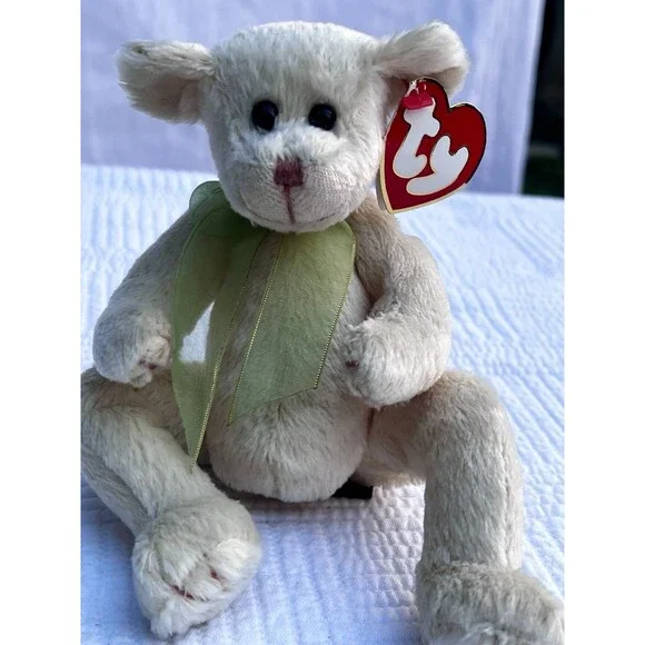 Ty Attic Treasures Harper Bear Cream/Green Ribbon Tag Protector NWT VINTAGE 1993