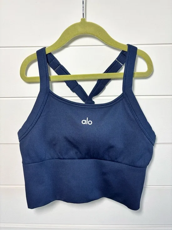 ALO Yoga Seamless Ribbed Navy Blue Sports Bra Tank Strappy Detail size S