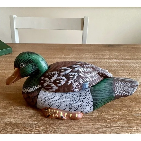 Vintage Porcelain Mallard Duck Trinket Lidded Vibrant Glass Eye Hand‎ Painted