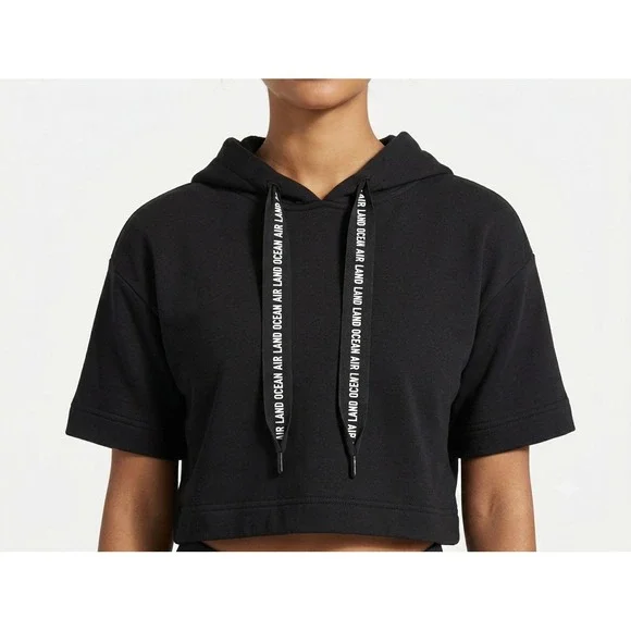 Alo Yoga Womens Short Sleeve Cropped Hoodie Black 