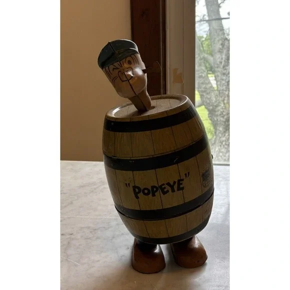 Vintage J. Chein Popeye in a Barrel Tin Litho Wind-Up Dancing Toy 1930s WORKS!!
