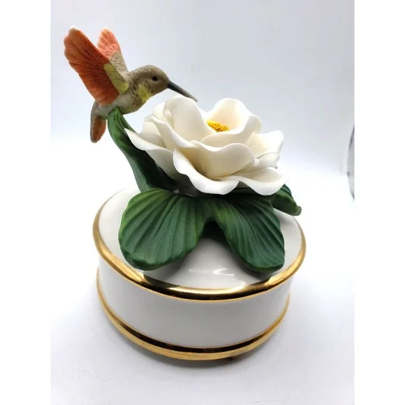 Vintage Porcelain Hummingbird & Gardenia Music Box Teleflora BLUE DANUBE WALTZ