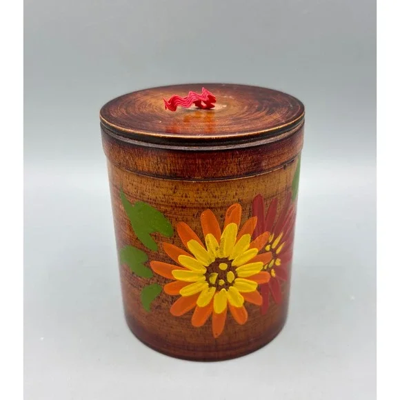 Vtg Hand Painted Wooden Canister Jar with Lid Floral Design Trinket‎ Dish